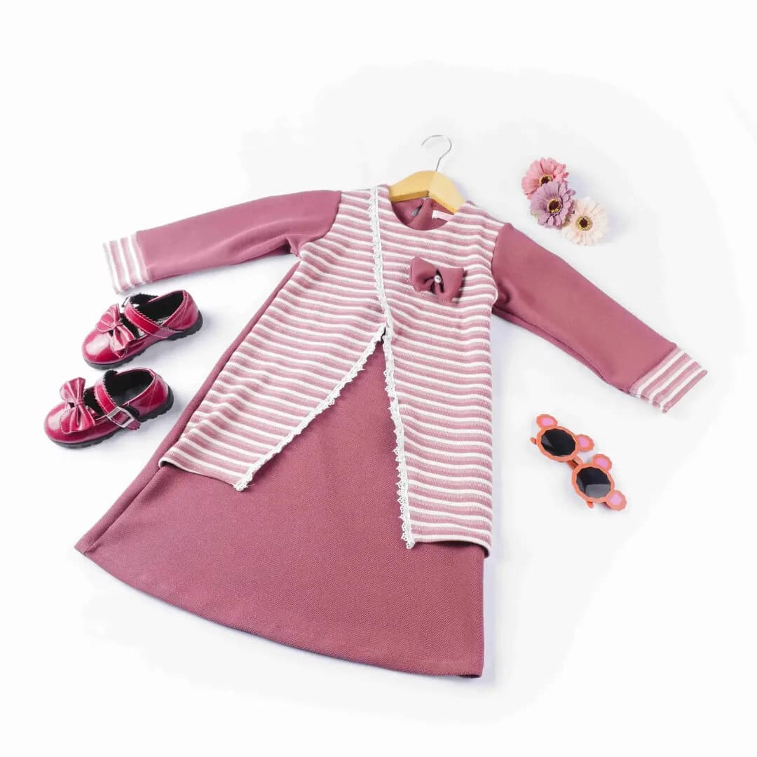 SABBIYA Dress Anak Perempuan Muslim Salur Dusty Sage Outfit Lebaran Kekinian 2