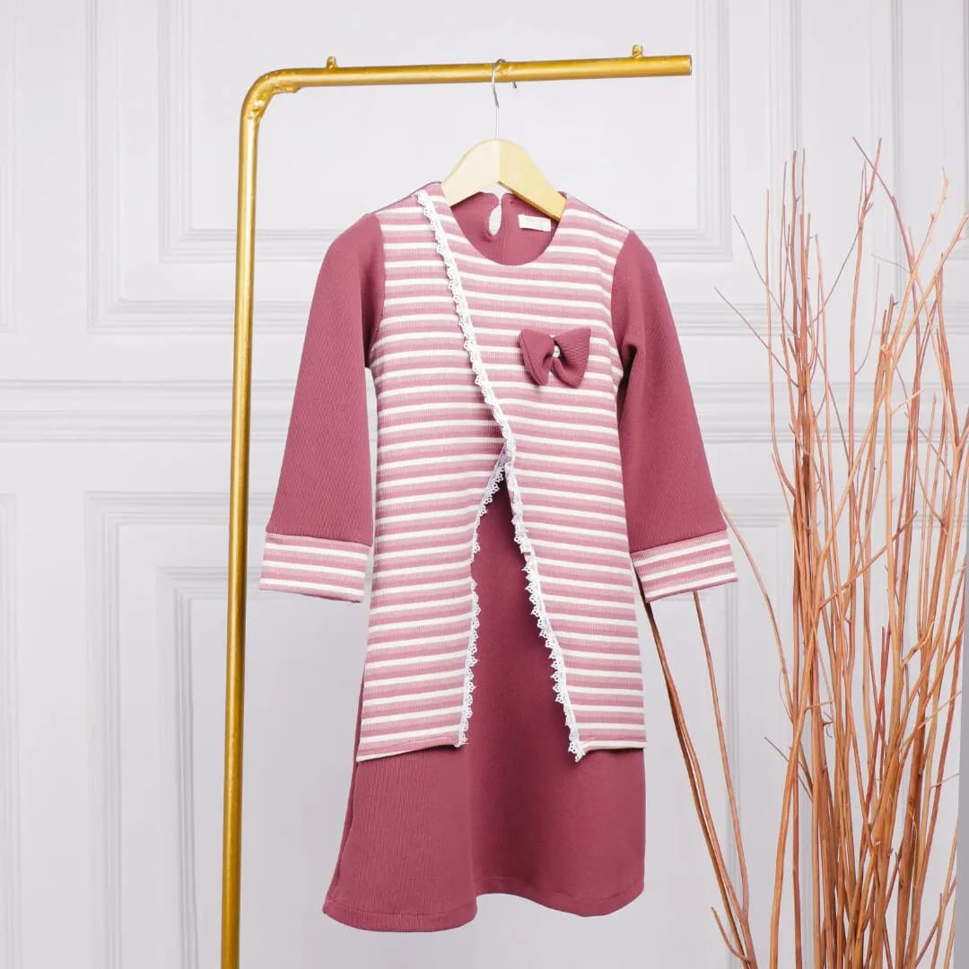 SABBIYA Dress Anak Perempuan Muslim Salur Dusty Sage Outfit Lebaran Kekinian 1